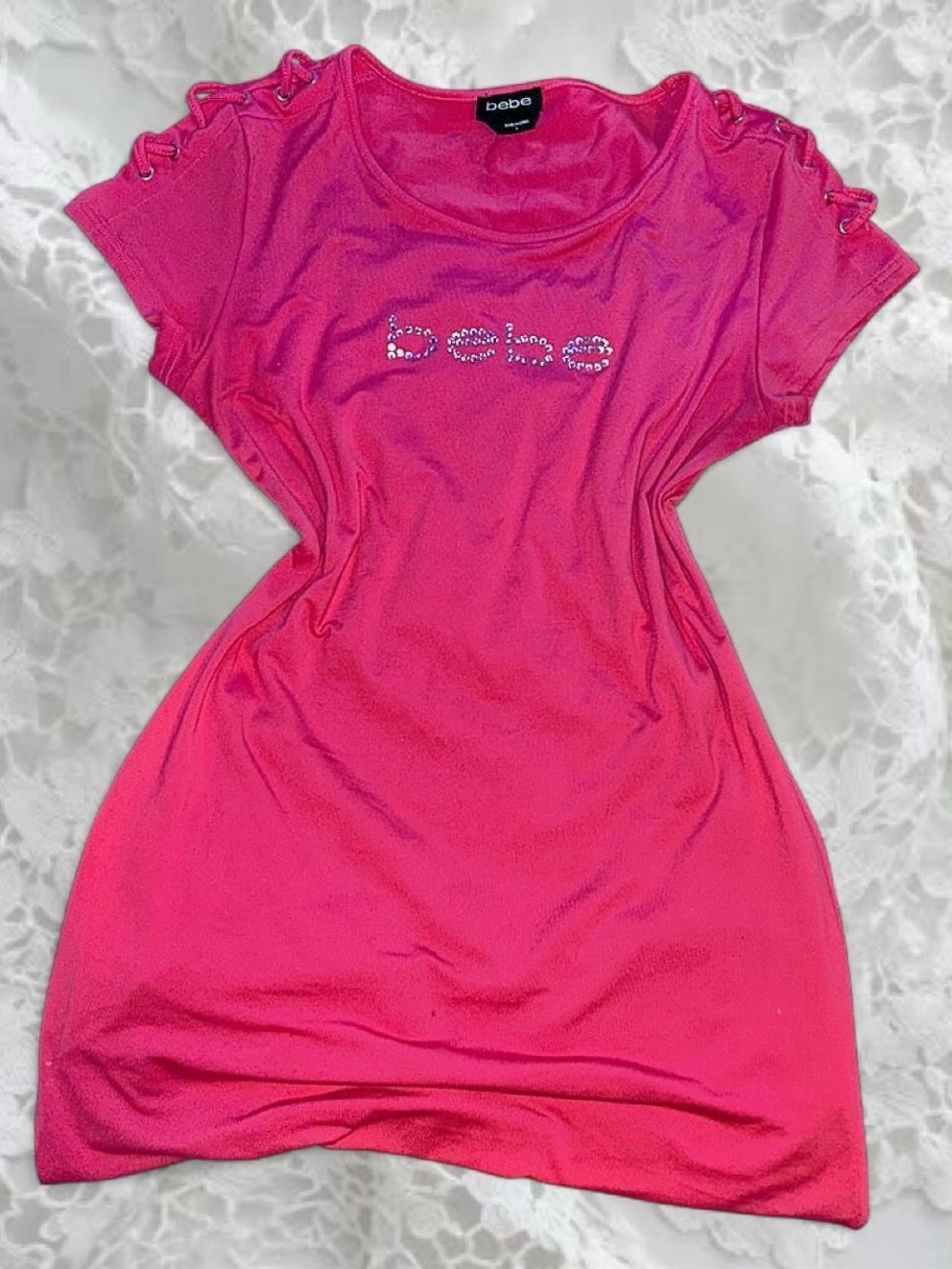 Vintage Bebe Crystal Stud Logo Bodycon Dress with Cut-Out Lace Up Sleeves 💗
